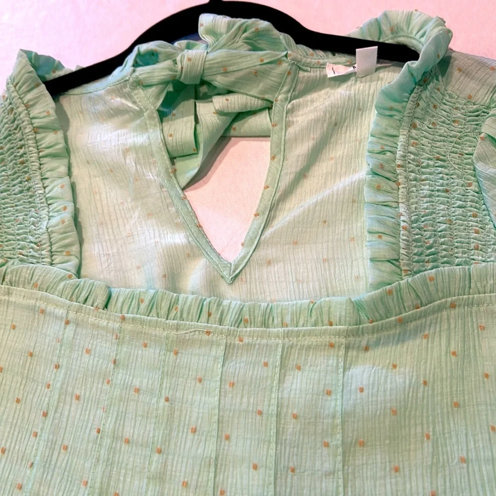Anthropologie MINE Green Top Size Large Tie Back Brown Raised Dots New - Picture 8 of 8